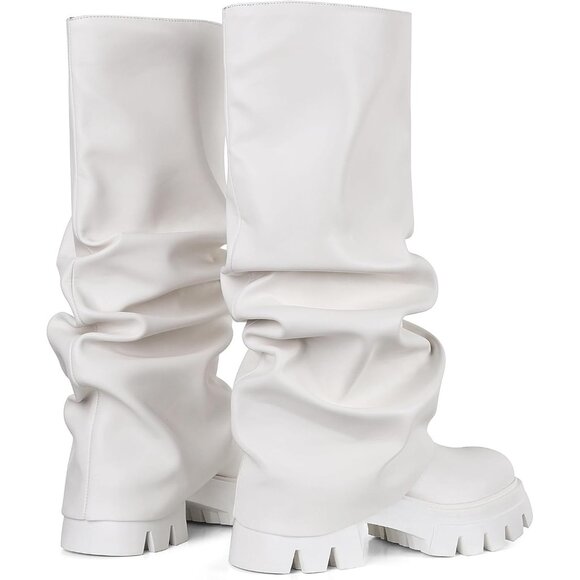Women's White Fold Over Boots Slouchy Boots Wide Calf Pleated Platform Boots - Picture 5 of 7
